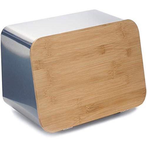 ALhom Bread Boxes with Bamboo Cutting Board Lid & Bread Rack, Stainless Steel, 14.5x9x9 inches