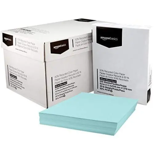 AmazonBasics 50% Recycled Color Printer Paper - Blue, 8.5 x 11 Inches, 10 Ream Case (5000 Sheets) AmazonBasics 50% Recycled Color Printer Paper - Blue, 8.5 x 11 Inches, 10 Ream Case (5000 Sheets)