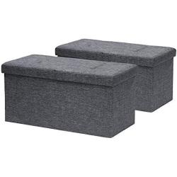 Otto & Ben [2pc Set] Folding Toy Boxes Chest with SMART LIFT Top, Linen Fabric Ottomans Bench Foot Rest for Bedroom, Dark Grey