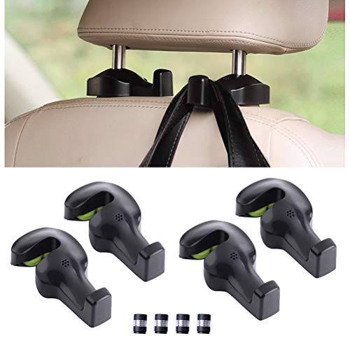 Fashion road 4Pcs Car Headrest Hook with 4Pcs Tyre Valve Dust Caps, Vehicle Universal Car Purse Hook/Car Headrest Hangers Holding for Bag, Purse, Cloth, Grocery, Black