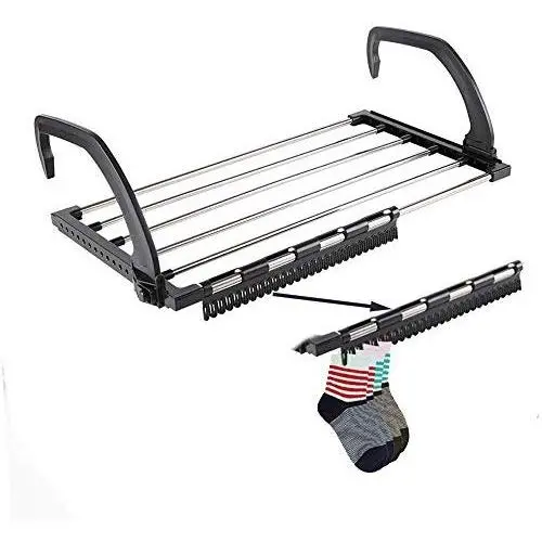 ZZQ Shoe Rack, Folding Laundry Towel Drying Rack Balcony Windowsill Fence Guardrail Corridor, Stainless Steel Retractable Clothes Hanging Racks with Clips for Drying Socks