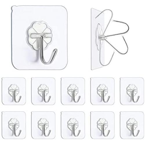 N/Q Premium Adhesive Hooks Kitchen Wall Hooks,Heavy Duty 13lb(Max) Wall Hooks, Transparent Reusable Seamless Hooks with Stainless Hooks Reusable Utility Towel Bath Ceiling Office Window Hooks,10 Pack