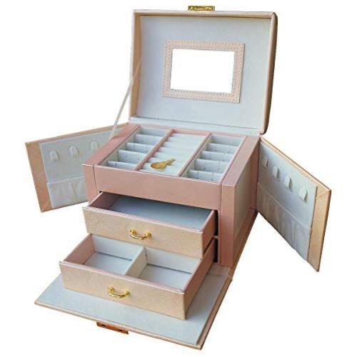 DOURR Jewelry Organizer, Travel Portable Jewelry Boxes Display Case Jewelries Holder Lockable Mirrored Storage Boxes for Rings Necklace Earrings, Gifts for Girls and Women (Beige)