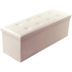 SONGMICS 43 Inches Faux Leather Folding Storage Ottoman Bench, Storage Chest Footrest Padded Seat, Beige ULSF70M