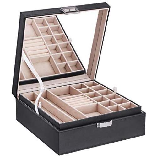 Jewelry Boxes Organizer 40 Section Display Tray Storage Case Drawer 2 Layers Large Mirror Girls Teens Women Holder for Earring Ring Necklace Bracelet PU Leather Black SSH01B