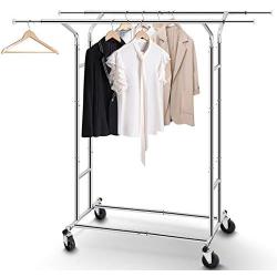 Simple Trending Double Rail Clothes Garment Rack, Heavy Duty Commercial Grade Clothing Rolling Rack on Wheels with Expandable Collapsible Clothing Rack, Holds up to 200 lbs, Chrome