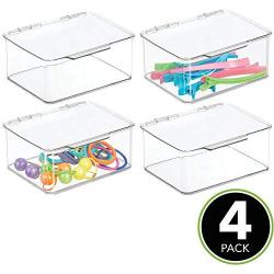 mDesign Stackable Bathroom Hair Accessory Countertop Storage Organizer Boxes with Hinged Lid for Makeup, Beauty, Hair, Nail Supplies - 4 Pack - Clear