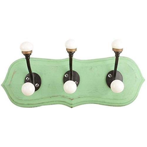Indianshelf Handmade 2 Artistic Vintage Green Wooden Double Loop Coat Hooks Hangers/Clothes Hooks Door Mount