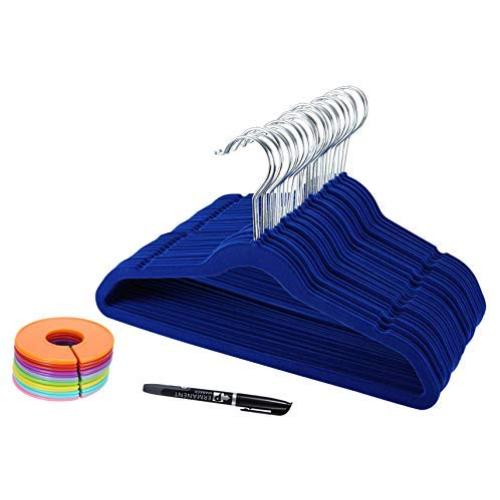 TQVAI 30 Pack Kids Velvet Hangers Non Slip Space Saver with 16-PCS Clothes Size Dividers and Pen - Navy Blue