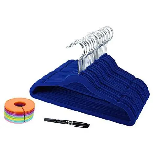 TQVAI 30 Pack Kids Velvet Hangers Non Slip Space Saver with 16-PCS Clothes Size Dividers and Pen - Navy Blue