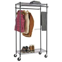 Type A Heavy-Duty Garment Rack | Portable Clothes Rack on Wheels and Shelves | Adjustable Double Hanging Rods | Metal, Black