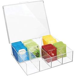 mDesign Tea Storage Organizer Boxes - 8 Divided Sections, Easy-View Hinged Lid - Use in Kitchen, Pantry, and Cabinets; Holder for Tea Bags, Packets, Small Items and Accessories, BPA free - Clear