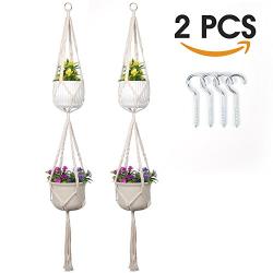 Macrame Double Plant Hanger Indoor Outdoor Hanging Planter Pot holder Cotton Rope 4 Legs 62 Inch(2 Pack)