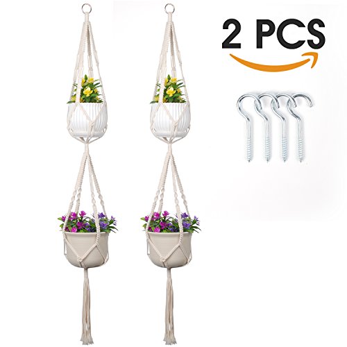 Macrame Double Plant Hanger Indoor Outdoor Hanging Planter Pot holder Cotton Rope 4 Legs 62 Inch(2 Pack)