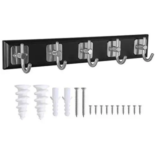 WEBI Coat Rack Wall Mounted Wood,5 Coat Hooks for Hanging Coats,Metal Wall Coat Rack with Hooks Coat Hanger Wall Mount Hook Rack Hook Rail Towel Hooks for Bathrooms,Entryway,Jacket,Clothes,Black