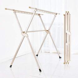 Ping Bu Qing Yun Drying Rack - Floor Folding Indoor Drying Rack Balcony Telescopic Clothes Pole Household Cool Hanger Universal Wheel + Cross bar Clothes Drying Rack (Color : Champagne Gold)