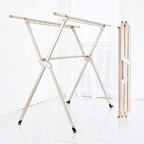 Ping Bu Qing Yun Drying Rack - Floor Folding Indoor Drying Rack Balcony Telescopic Clothes Pole Household Cool Hanger Universal Wheel + Cross bar Clothes Drying Rack (Color : Champagne Gold)