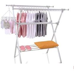 LE Folding Drying Rack,Retractable Hanging Clothes Rack Double Rod Clothes Rod Mobile Cooler Hanger Clothes Holder C