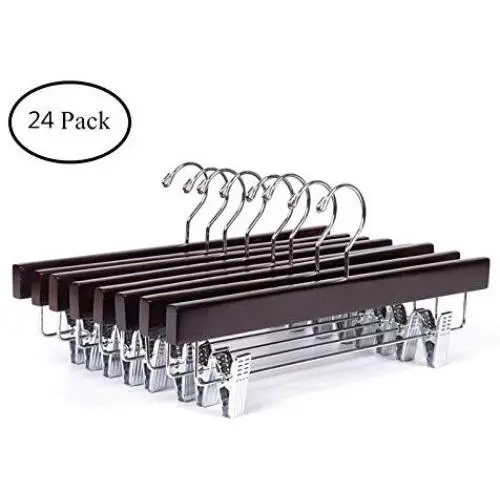 Amber Home Solid Gugertree Deluxe Wooden Pants Hangers Bottom Hanger Jeans Hanger Skirt Hanger with 2-Adjustable Clips (Walnut, 24) Amber Home Solid Gugertree Deluxe Wooden Pants Hangers Bottom Hanger Jeans Hanger Skirt Hanger with 2-Adjustable Clips (Walnut, 24)