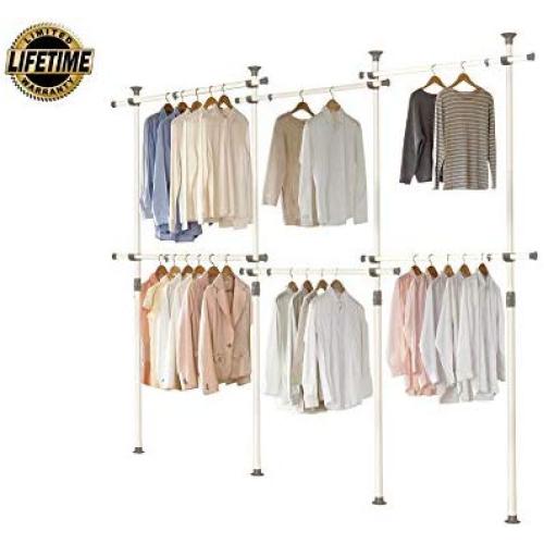 PRINCE HANGER PHUS-0072, 1-Touch Triple 2-Tier Adjustable, Heavy Duty 38mm-Diameter Vertical Pole Clothing Rack, White PRINCE HANGER PHUS-0072, 1-Touch Triple 2-Tier Adjustable, Heavy Duty 38mm-Diameter Vertical Pole Clothing Rack, White