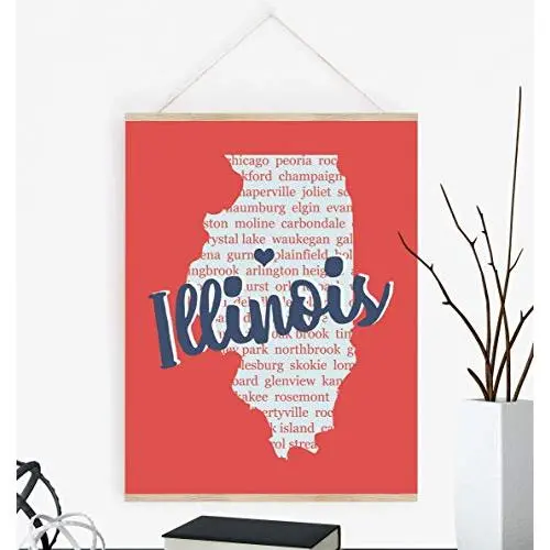 Any State Custom Art, Illinois State Artwork with Cities and Poster Hanger Available, Chicago Artwork