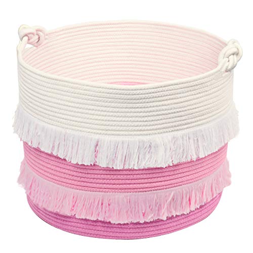 Large Rope Basket ? 16x13 Pink Decorative Woven Basket for Toys, Blankets, or Laundry, Cute Tassel Decor for Baby & Girl - Home Storage Container