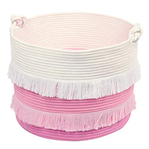 Large Rope Basket ? 16x13 Pink Decorative Woven Basket for Toys, Blankets, or Laundry, Cute Tassel Decor for Baby & Girl - Home Storage Container Large Rope Basket ? 16x13 Pink Decorative Woven Basket for Toys, Blankets, or Laundry, Cute Tassel Decor for Baby & Girl - Home Storage Container