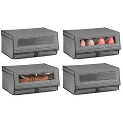 mDesign Stackable Fabric Closet Storage Organizer Shoe Boxes Bin - Modern Holder for Storing Mens and Womens Dress Shoes, Boots, Pumps, Sandals, Flats - Window, Hinged Lid, 4 Pack - Dark Gray