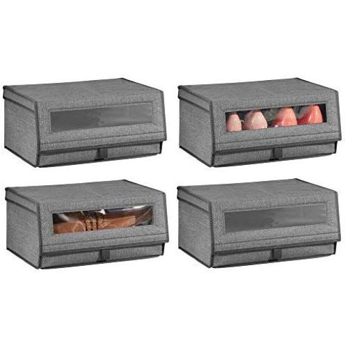 mDesign Stackable Fabric Closet Storage Organizer Shoe Boxes Bin - Modern Holder for Storing Mens and Womens Dress Shoes, Boots, Pumps, Sandals, Flats - Window, Hinged Lid, 4 Pack - Dark Gray