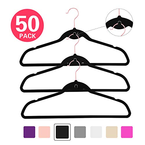 MIZGI Premium Cascading Velvet Hangers (Pack of 50) Heavyduty - Non Slip Hangers with Cascading Hooks Black - Copper/Rose Gold Hooks,Space Saving Clothes Hangers (Black)