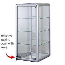 Only Hangers Elegant Silver Anodized Aluminum Vertical Display Case Table Top Tempered Glass Show Case. Tempered Glass Door with Key Lock- Four Shelves Display