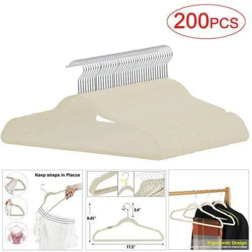Nova Microdermabrasion No-Slip Velvet Hangers -200 Pack Suit Clothes Hanger Hook Ultra Thin for Shirts Coat, Suit - Space Saving Swivel 360 Degree Beige