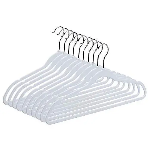 50 Quality Plastic Non Velvet Non-Flocked Thin Compact Hangers White Swivel Hook- (50)