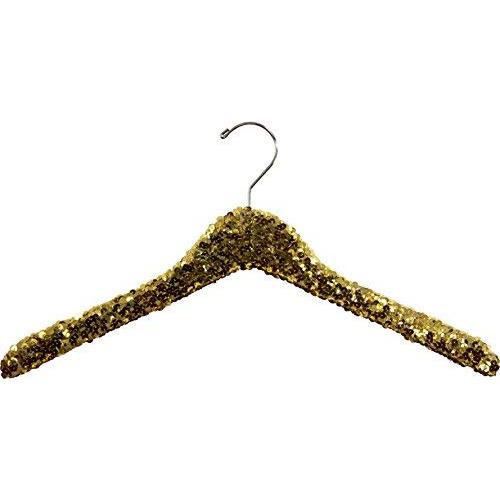 Gold Sequined Wooden Hanger, Curved 17 Inch Hanger with Hardwood Core and Polished Chrome Swivel Hook (Set of 3)