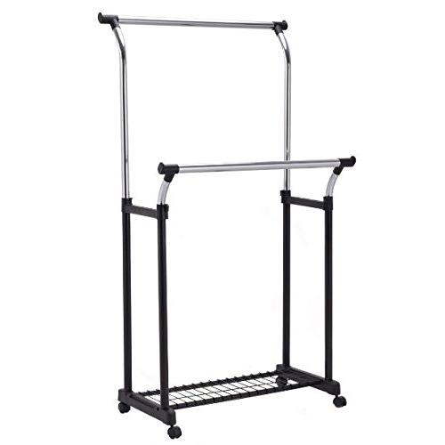 K&A Company Rack Double Adjustable Rolling Hanger Garment Rail Shoe Clothes Shelf Organizer Portable W Clothing Shoes Rod Bar Row Silver
