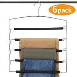 AMKUFO Pants Hangers 5 Layers Multi Trouser Hangers Slack Hangers Scarf Hangers Space Saving Hangers Stainless Steel Non-Slip Foam Padded Swing Arm Pack of 6