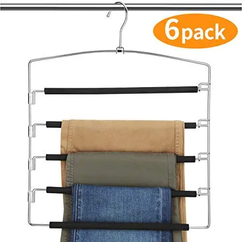 AMKUFO Pants Hangers 5 Layers Multi Trouser Hangers Slack Hangers Scarf Hangers Space Saving Hangers Stainless Steel Non-Slip Foam Padded Swing Arm Pack of 6