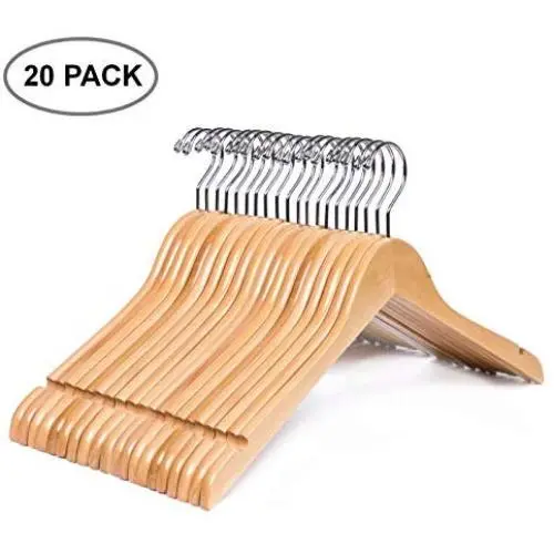 Amber Home Solid Gugertree Wooden Shirt and Dress Clothes Hangers with Chrome Hook, Glossy Natural Smooth Finished 20 Pack (Natural 20)