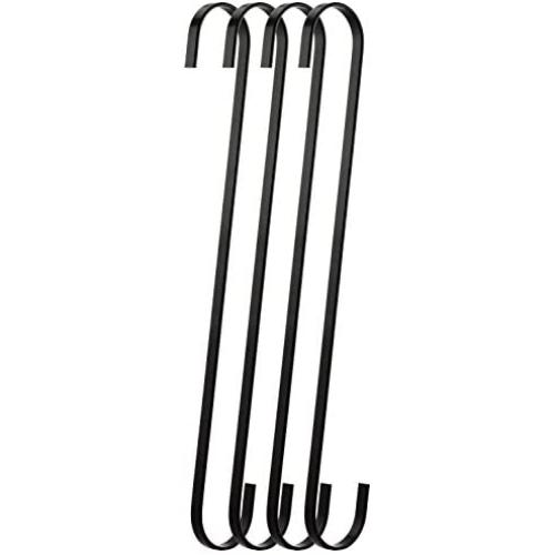 RuiLing 4-Pack 12 Inch Black Chrome Finish Steel Hanging Flat Hooks - S Shaped Hook Heavy-Duty S Hooks, for Kitchenware, Pots, Utensils, Plants, Towels, Gardening Tools, Clothes