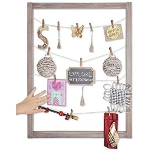 Reimagine Hanging Photo Display- Wood Wall Picture Frame Collage Board for Hanging Prints, Instax, Polaroid, Holiday Cards, Artwork- Display 2 Ways- Adjustable String, 40 Clothespin Clips- Rustic Grey
