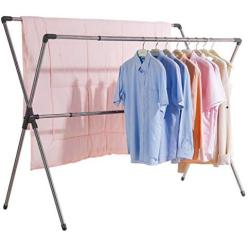 BAOYOUNI Double Poles Folding Clothes Drying Rack Stainless Steel Expandable Rods Space Saving Retractable Heavy Duty Garment Hanger Rail 37 to 66, Grey