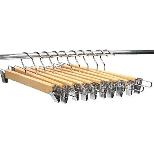 LOHAS Home 10-Pack Natural Finish Wooden Pant Skirt Hangers with 2-Adjustable Anti-Rust Clips