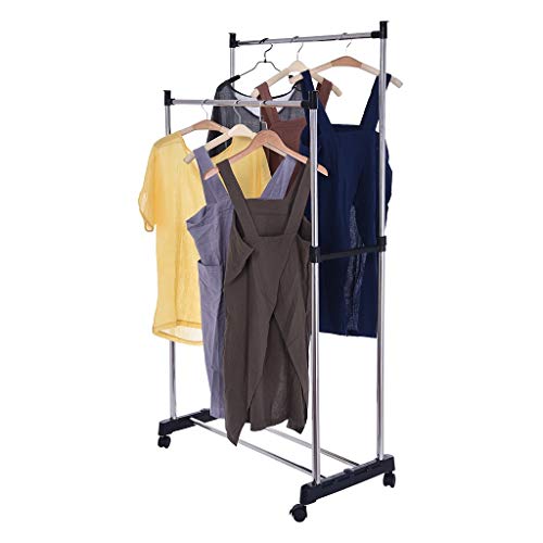 Yliquor Stainless Steel Double Pole Adjustable Rolling Coat Rack and Garment Drying Rack Entryway Coat Hanger Stand for Clothes, Suits, Accessories, Ship from USA