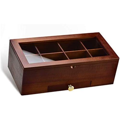 ELA Shop Tea Boxes - Acacia Tea Organizer with Golden Accessories, 2 Gold Colored Teaspoons and Honey Stick Included - Housewarming Gift Idea