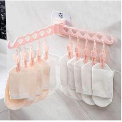 5pcs Random Color 12 Clips Foldable Clothes Hanger Laundry Wall Mounted Drying Rack Holder for Bra Socks Underware Clothes Storage Hook