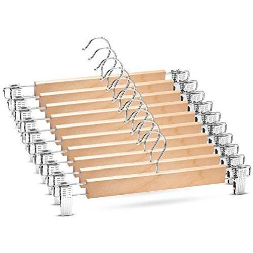 High-Grade Wooden Pants Hangers with Metal Clips 20 Pack Grip Clip Pants Hanger, Smooth Finish Solid Wood Jeans/Skirt Hanger, 360° Swivel Hook - Clip Hanger for Pant, Skirts, Slacks, Bottoms Hangers