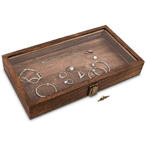 Mooca Natural Wood Glass Top Jewelry Display Case Accessories Storage Boxes with Metal Clasp, Wooden Jewelry Tray for Collectibles, Home Organization with Key Lock, Brown