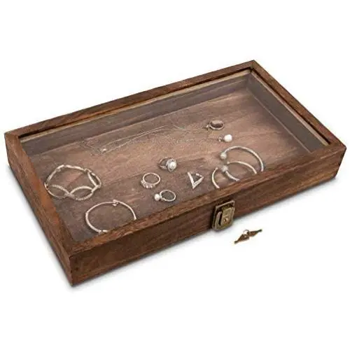 Mooca Natural Wood Glass Top Jewelry Display Case Accessories Storage Boxes with Metal Clasp, Wooden Jewelry Tray for Collectibles, Home Organization with Key Lock, Brown Mooca Natural Wood Glass Top Jewelry Display Case Accessories Storage Boxes with Metal Clasp, Wooden Jewelry Tray for Collectibles, Home Organization with Key Lock, Brown