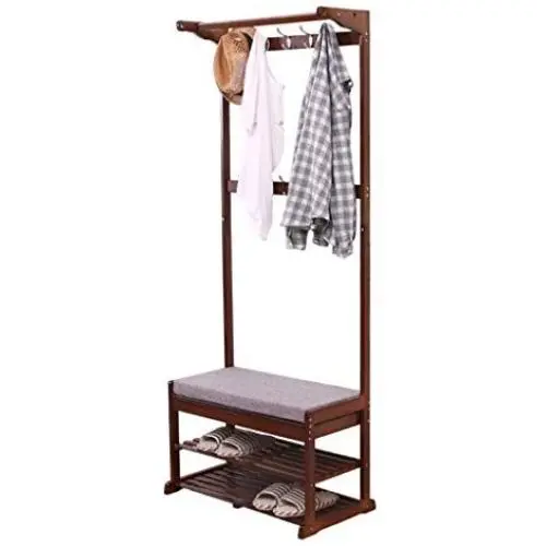 Bamboo Coat Rack Multifunction Storage Floor Coat Bench Change Shoe Bench Shoe Rack Hall Clothes Hanger Hangers Brown