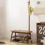 Cxjff Floor Standing Coat Rack Clothes Hanger Multifunction Change Shoes Rest 4 Hooks Easy Install, Wood, 2 Colors (Color : Brown)